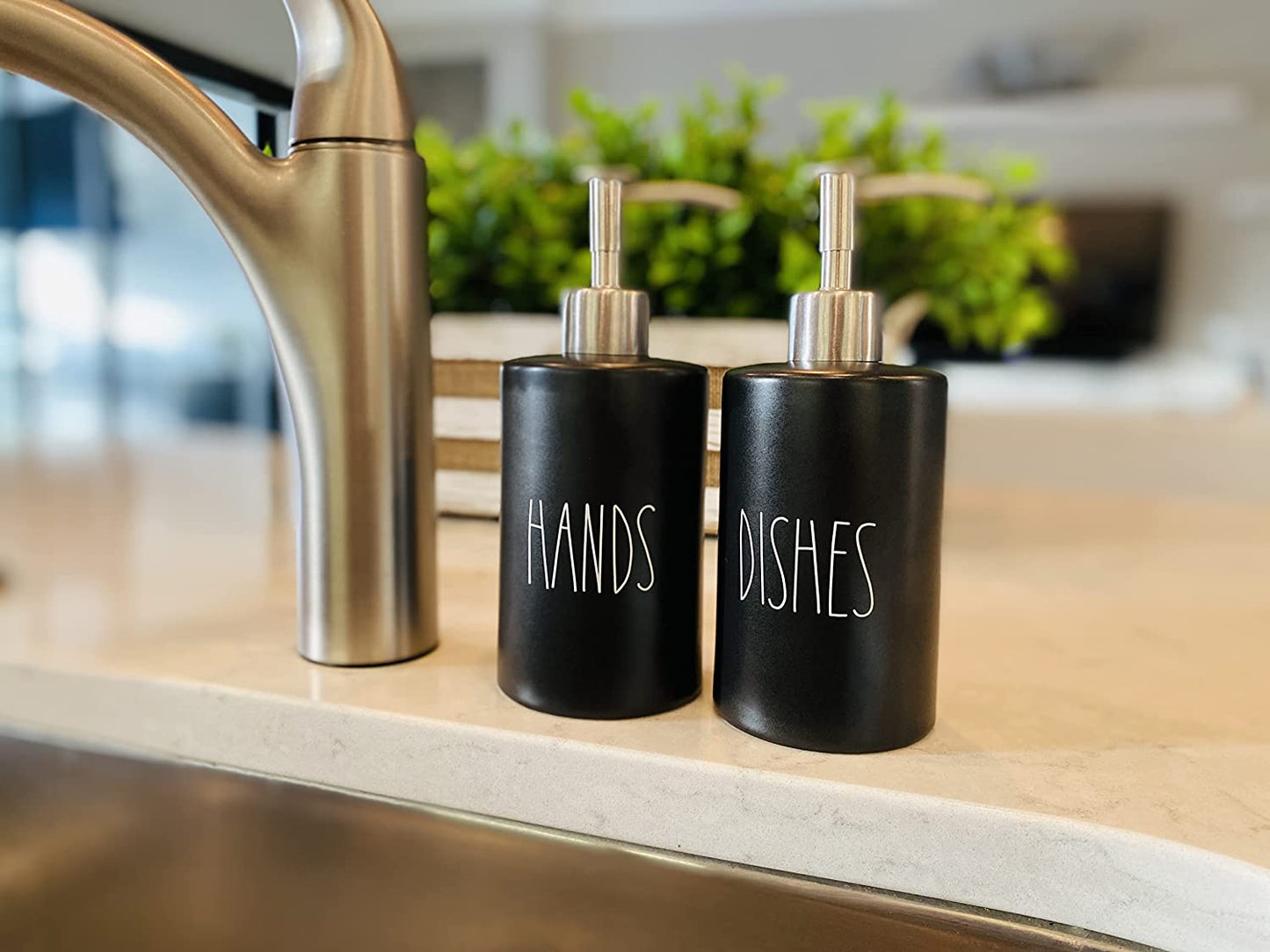 Modern Farmhouse Black Ceramic Soap Dispenser Set - Hands Dishes