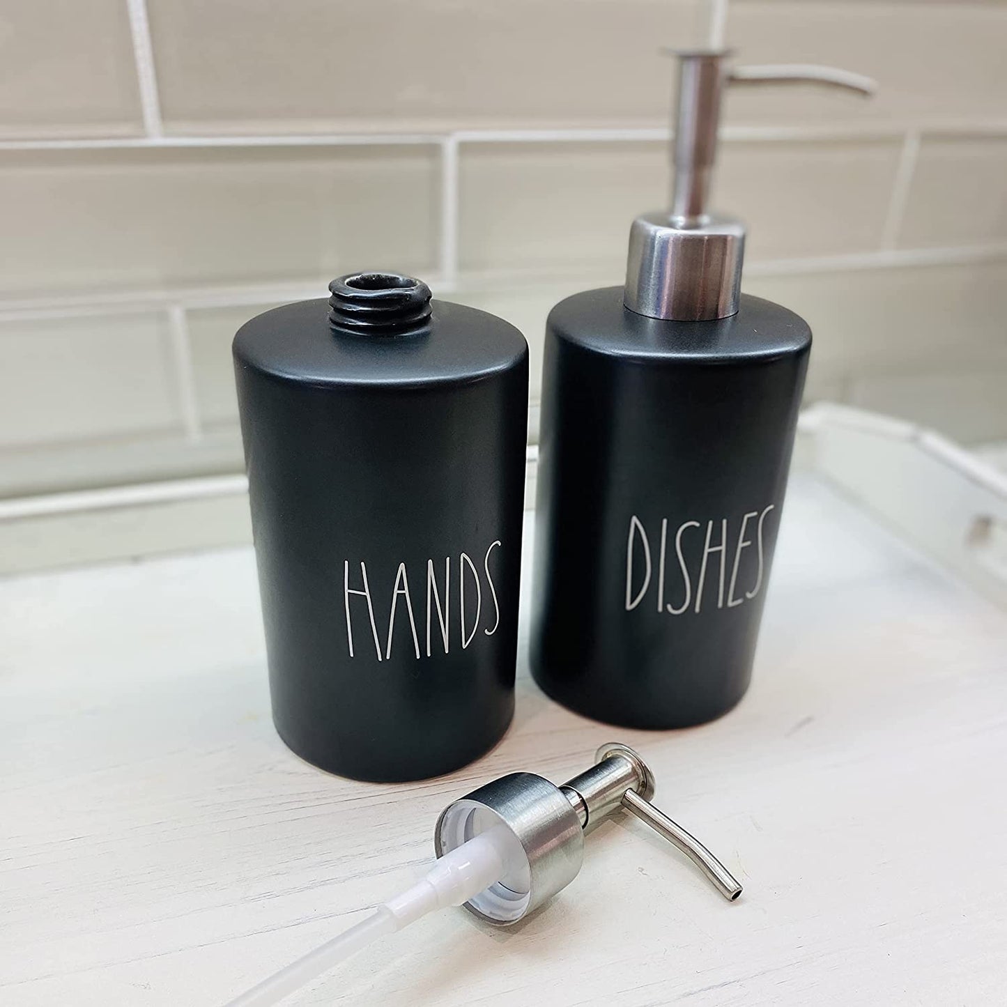 Modern Farmhouse Black Ceramic Soap Dispenser Set - Hands Dishes