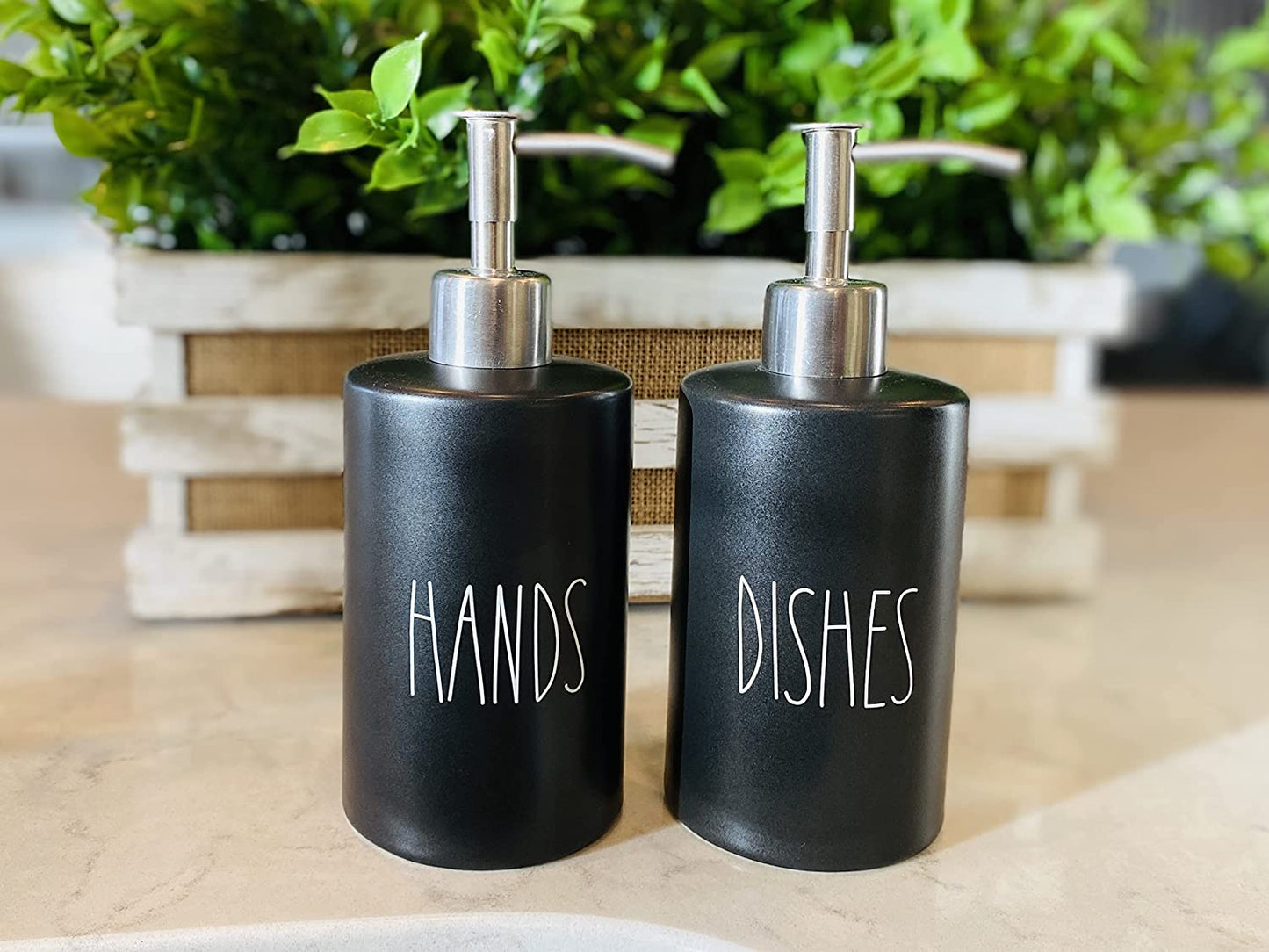 Modern Farmhouse Black Ceramic Soap Dispenser Set - Hands Dishes