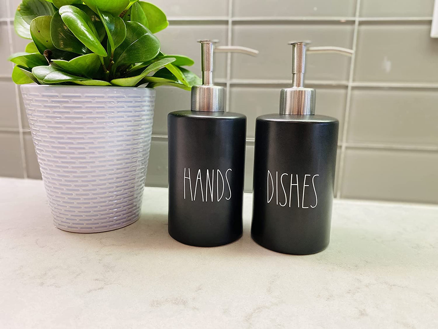 Modern Farmhouse Black Ceramic Soap Dispenser Set - Hands Dishes