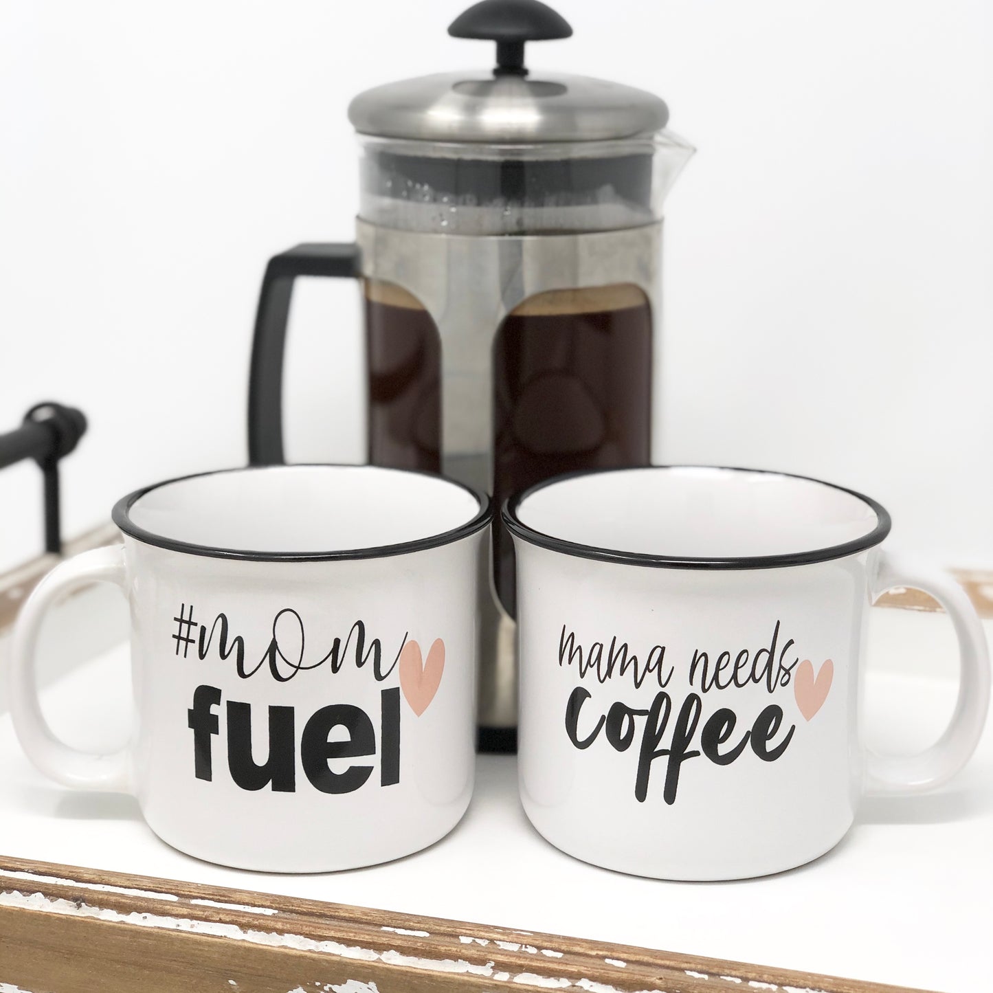 #mom fuel, mama needs coffee, ceramic mugs, camper style, rustic kitchen