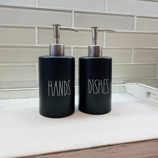 Modern Farmhouse Black Ceramic Soap Dispenser Set - Hands Dishes