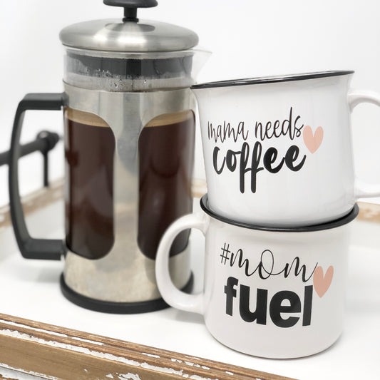 #mom fuel, mama needs coffee, ceramic mugs, camper style, rustic kitchen